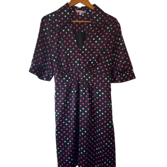 NY Collec Womens Midi Dress White Pink Black Polka Dot Plus Sz  3X V-neck Belted - Picture 1 of 11